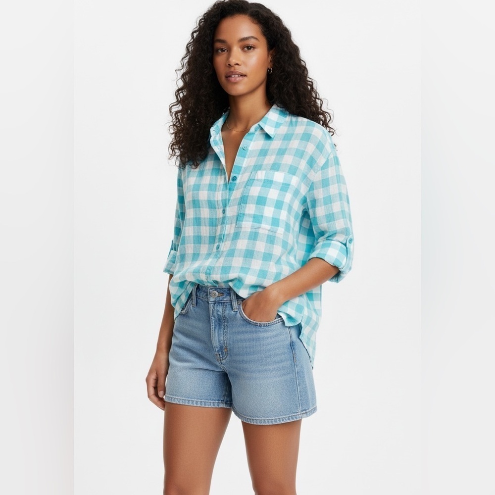 Michael Michael Kors Turquoise Gingham Button-Up Shirt | Size S | Lightweight